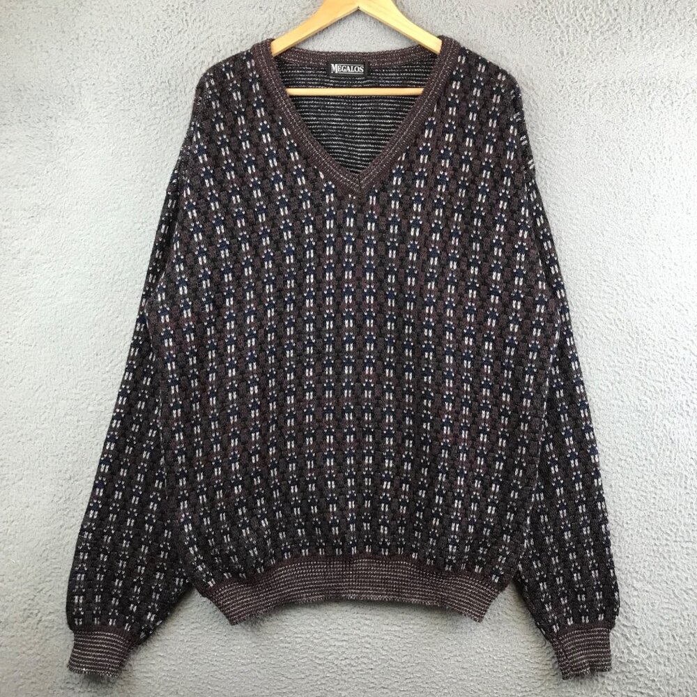 Vintage Megalos V Neck Sweater Men's Size XL Grandpa Acrylic Made in USA 90s